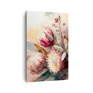 Obraz na płótnie - Kwiaty protei w delikatnych pastelowych odcieniach - 80x120cm - Z profilu i en face - Nowoczesna dekoracja ścienna do salonu i sypialni ARTTOR