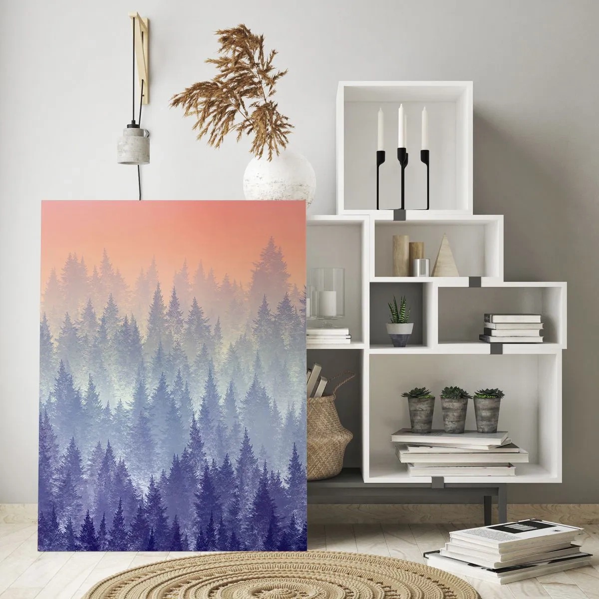 Obraz na szkle - Tajemniczy las iglasty w pastelowych odcieniach poranka - 50x70cm - Wysoko, wyżej, do nieba - Nowoczesna dekoracja ścienna do salonu, kuchni i sypialni ARTTOR