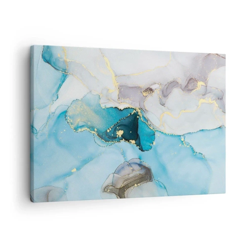 Obraz na płótnie - Abstrakcja w odcieniach błękitu i złota z subtelnymi liniami - 70x50cm - Studium spotkania szarości z turkusem - Nowoczesna dekoracja ścienna do salonu i sypialni ARTTOR