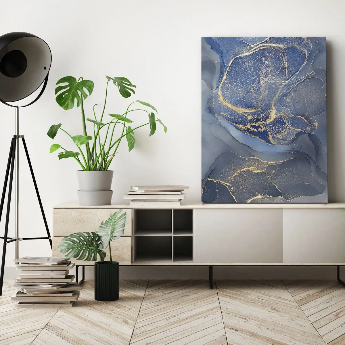 Obraz na płótnie - Abstrakcyjne niebieskie wzory ze złotymi akcentami - 80x120cm - Złoty pył - Nowoczesna dekoracja ścienna do salonu i sypialni ARTTOR