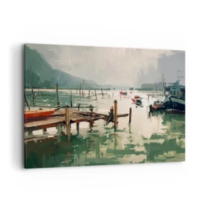 Obraz na płótnie - Malowniczy port z łodziami na spokojnej wodzie - 120x80cm - Oblane roztopionym księżycem - Nowoczesna dekoracja ścienna do salonu, kuchni i sypialni ARTTOR