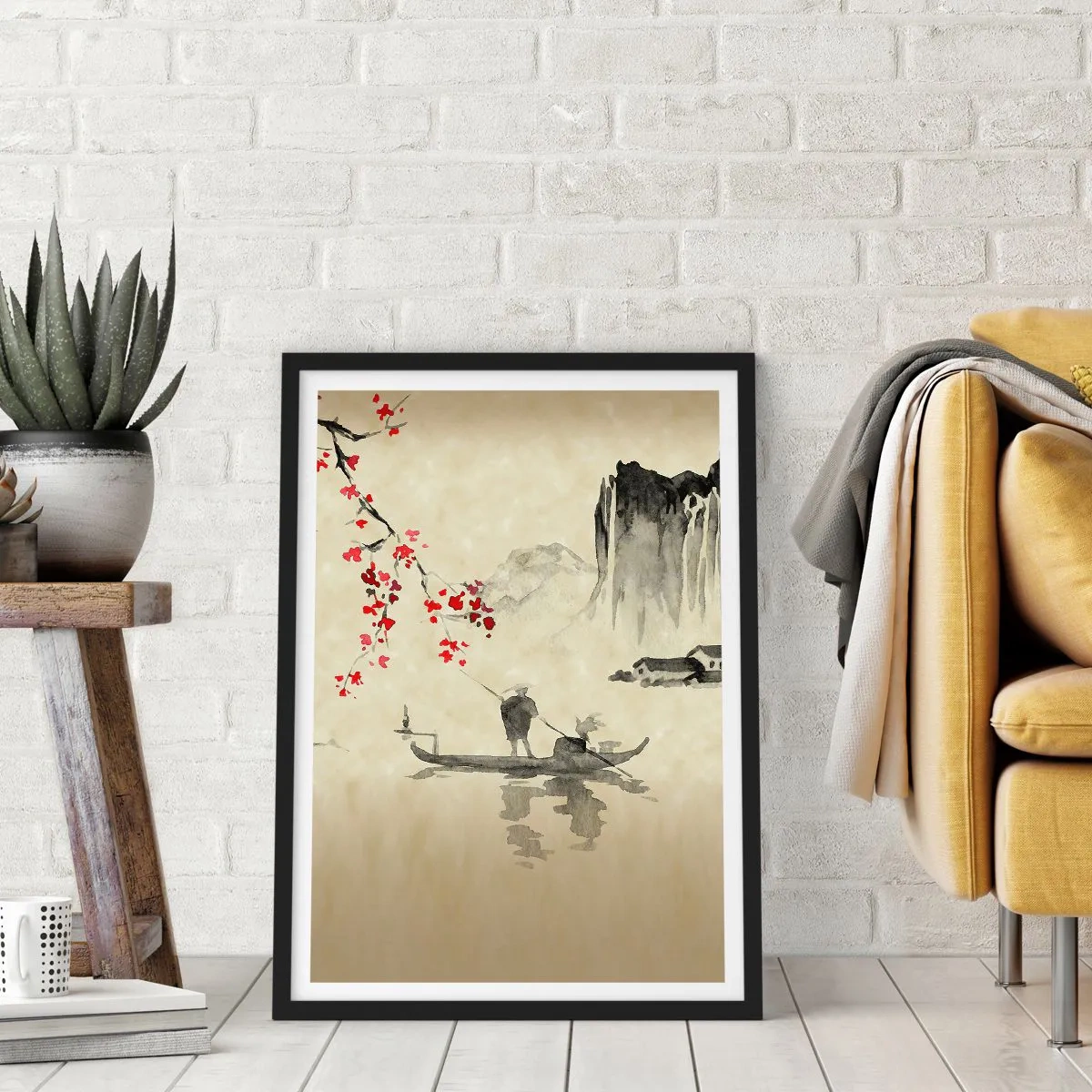Plakat w czarnej ramie - Orientalna scena z rybakami na łodzi - 50x70cm - W kraju kwitnącej wiśni - Nowoczesna dekoracja ścienna do salonu i sypialni ARTTOR