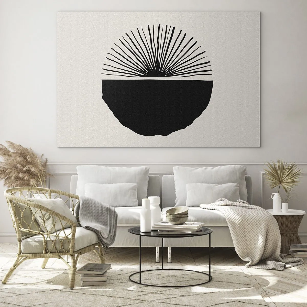 Obraz na szkle - Czarna geometryczna forma z wachlarzem linii na kremowym tle - 70x50cm - Wachlarz możliwości - Nowoczesna dekoracja ścienna do salonu i sypialni ARTTOR