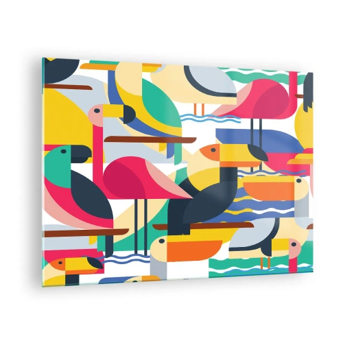 Obraz na szkle - Abstrakcyjna ilustracja kolorowych ptaków w geometrycznym stylu - 70x50cm - Ptasie party - Nowoczesna dekoracja ścienna do salonu i sypialni ARTTOR