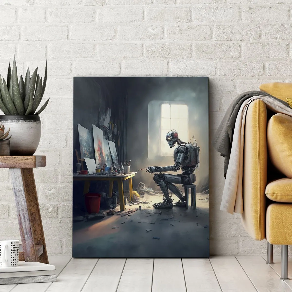 Obraz na płótnie - Robot malujący obraz w artystycznej pracowni - 70x100cm - Akt kreacji - Nowoczesna dekoracja ścienna do salonu i sypialni ARTTOR