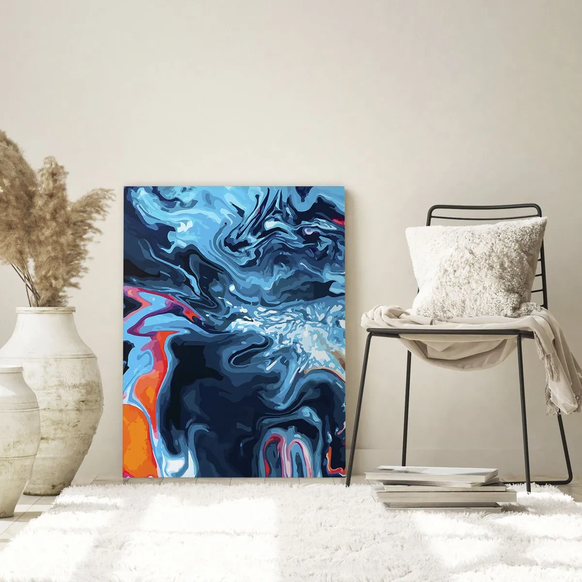 Obraz na szkle - Abstrakcyjny wzór w odcieniach niebieskiego z akcentami pomarańczu - 70x100cm - Podróż do wnętrza nieba - Nowoczesna dekoracja ścienna do salonu i sypialni ARTTOR