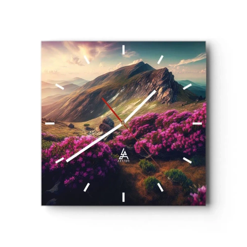 Zegar ścienny - Górski krajobraz z kwitnącymi rododendronami - 30x30cm - Lato w górach - Nowoczesna dekoracja ścienna do salonu i sypialni ARTTOR