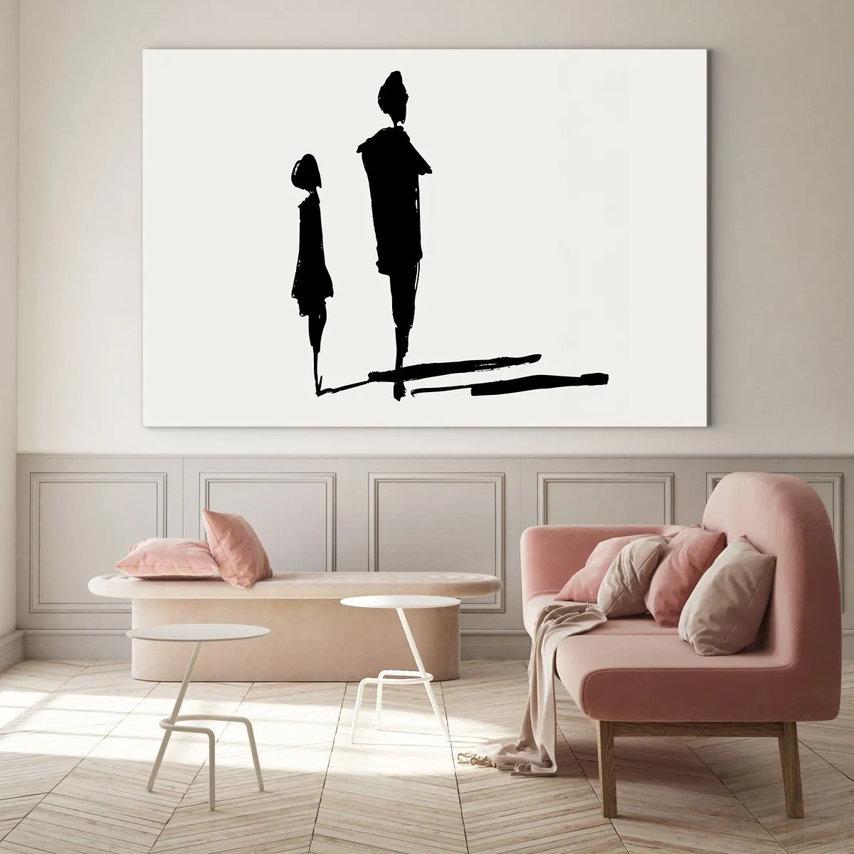 Obraz na szkle - Czarne sylwetki dwóch postaci z cieniem na jasnym tle - 70x50cm - Na pewno razem? - Nowoczesna dekoracja ścienna do salonu i sypialni ARTTOR