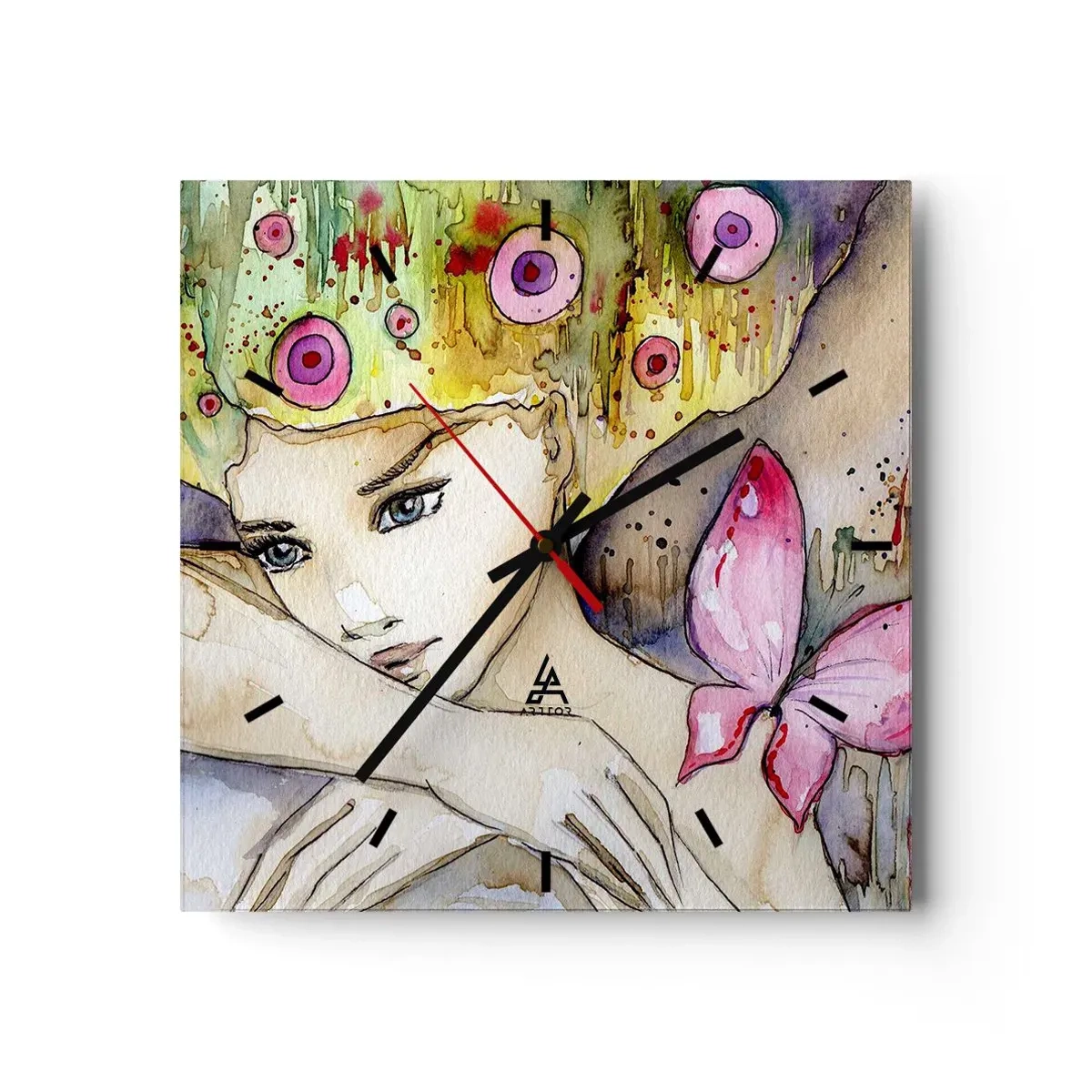 Zegar ścienny - Kobieta z abstrakcyjną fryzurą i różowym motylem - 30x30cm - Motyla księżniczka - Nowoczesna dekoracja ścienna do salonu i sypialni ARTTOR