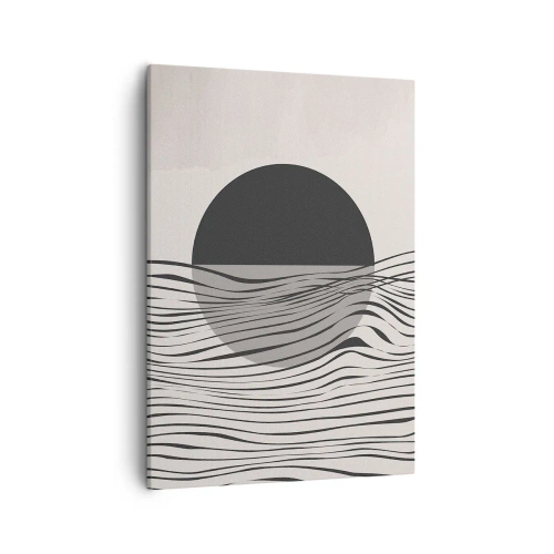 Obraz na płótnie - Abstrakcyjna kompozycja czarnego koła i falistych linii na jasnym tle - 50x70cm - Kompozycja połowiczna - Nowoczesna dekoracja ścienna do salonu, kuchni i sypialni ARTTOR