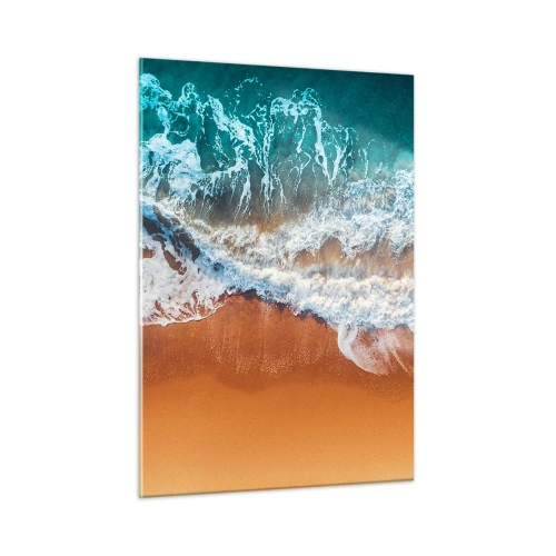 Obraz na szkle - Fale oceanu uderzające o brzeg z lotu ptaka - 50x70cm - Zawsze w parze - Nowoczesna dekoracja ścienna do salonu, kuchni i sypialni ARTTOR