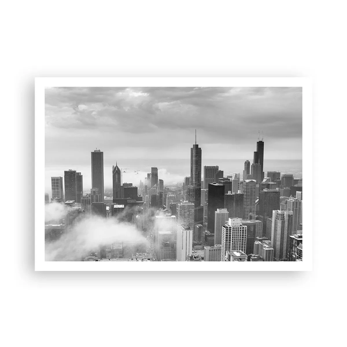 Plakat - Panorama miasta z wieżowcami w chmurach w czerni i bieli - 100x70cm - Pejzaż amerykański - Nowoczesna dekoracja ścienna do salonu i sypialni ARTTOR