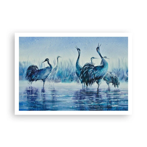 Plakat - Żurawie na tle mgły i wody w niebieskiej tonacji - 100x70cm - Poranne spotkanie - Nowoczesna dekoracja ścienna do salonu i sypialni ARTTOR