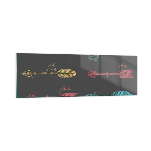 Obraz na szkle - Stylizowany wzór strzał w pastelowych kolorach na ciemnym tle - 160x50cm - W ordynku - Nowoczesna dekoracja ścienna do salonu i sypialni ARTTOR