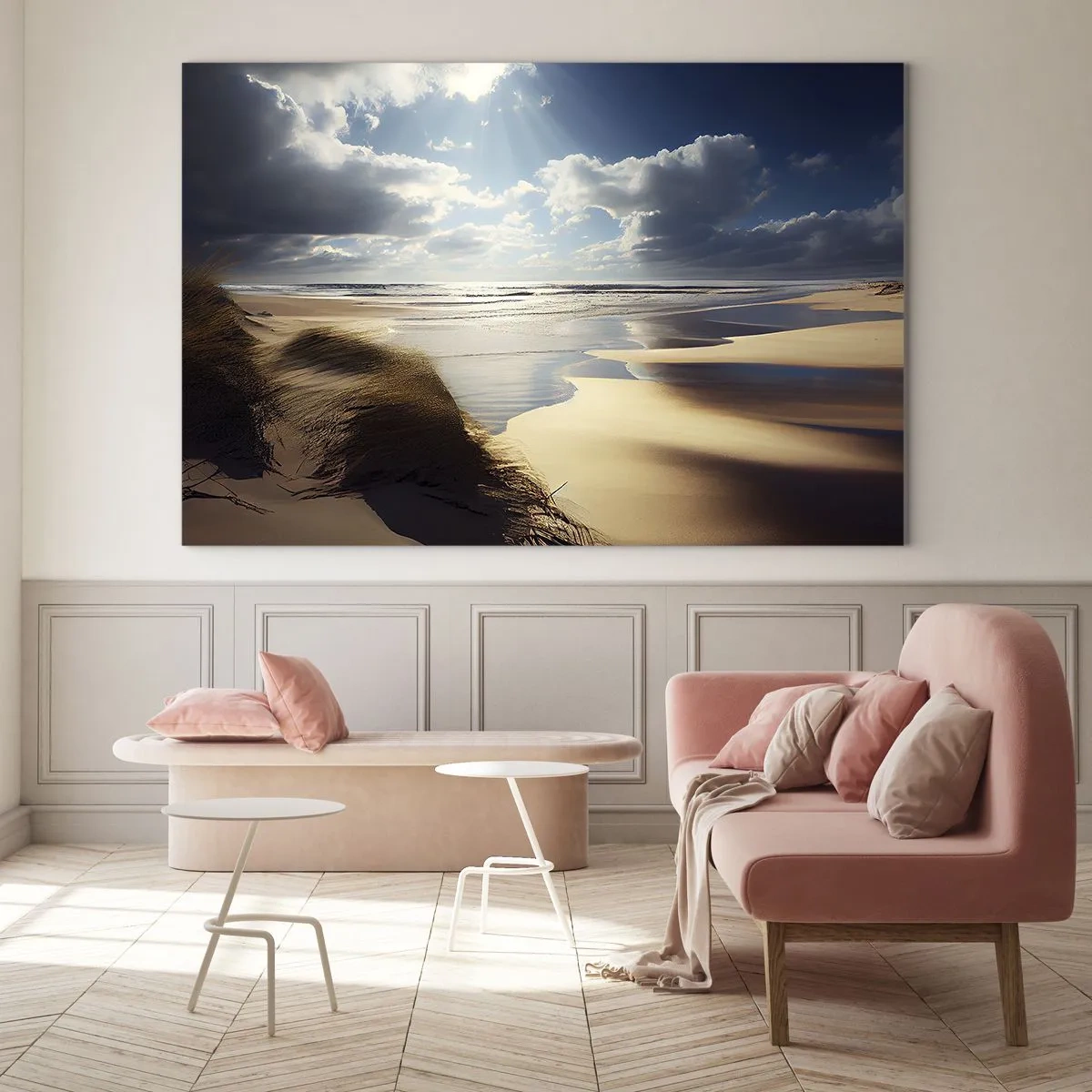 Obraz na szkle - Dzika plaża oświetlona promieniami słońca spod chmur - 70x50cm - Plaża, dzika plaża - Nowoczesna dekoracja ścienna do salonu i sypialni ARTTOR
