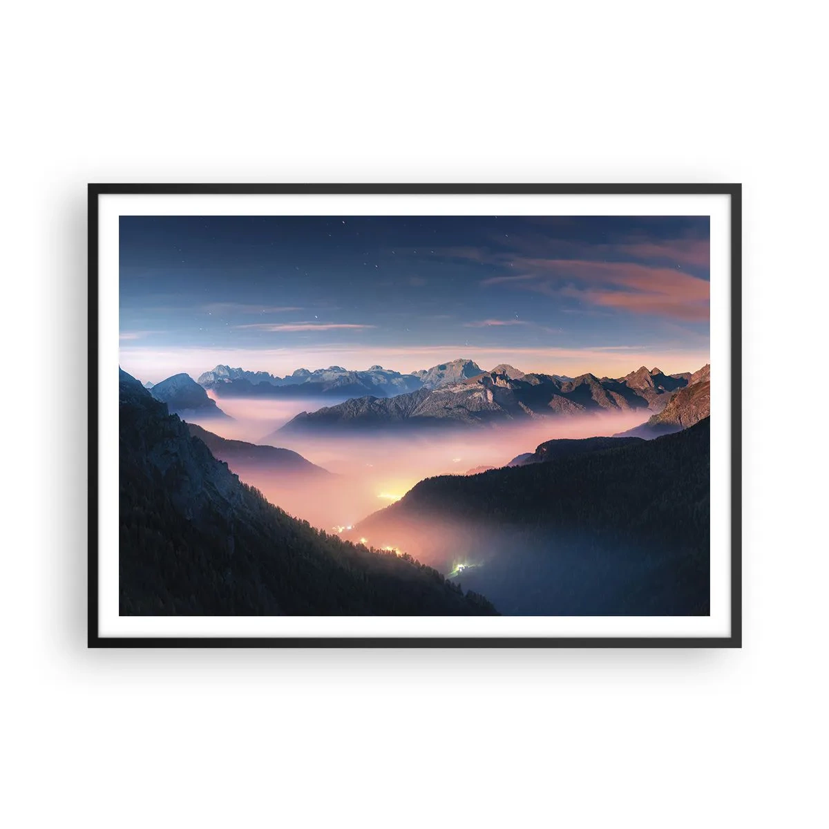Plakat w czarnej ramie - Górski krajobraz z doliną wypełnioną mgłą - 100x70cm - Światło w dolinach - Nowoczesna dekoracja ścienna do salonu i sypialni ARTTOR