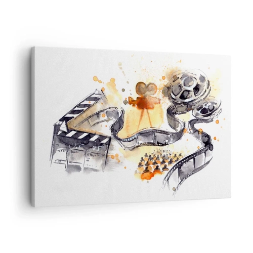 Obraz na płótnie - Symbolika kina z filmową taśmą w artystycznej akwareli - 70x50cm - W krainie snów - Nowoczesna dekoracja ścienna do salonu i sypialni ARTTOR