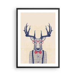 Plakat w czarnej ramie - Stylowy jeleń w okularach i muszce na beżowym tle - 50x70cm - Zabawna ekstrawagancja - Nowoczesna dekoracja ścienna do salonu i sypialni ARTTOR