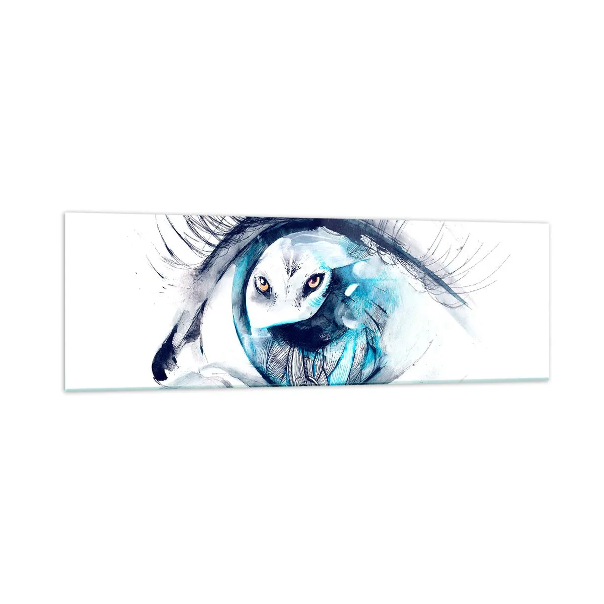 Obraz na szkle - Oko z wizerunkiem sowy w akwarelowych odcieniach niebieskiego - 160x50cm - Oko w oko z dzikością - Nowoczesna dekoracja ścienna do salonu i sypialni ARTTOR