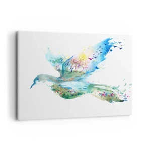 Obraz na płótnie - Akwarelowa kompozycja ptaka z elementami natury - 100x70cm - Na skrzydłach natury - Nowoczesna dekoracja ścienna do salonu, kuchni i sypialni ARTTOR
