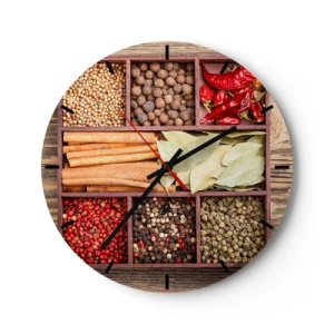 Zegar ścienny - Przyprawy w drewnianych przegródkach - 30x30cm - Porządek kształtów, bukiet aromatów - Nowoczesna dekoracja ścienna do salonu, kuchni i sypialni ARTTOR