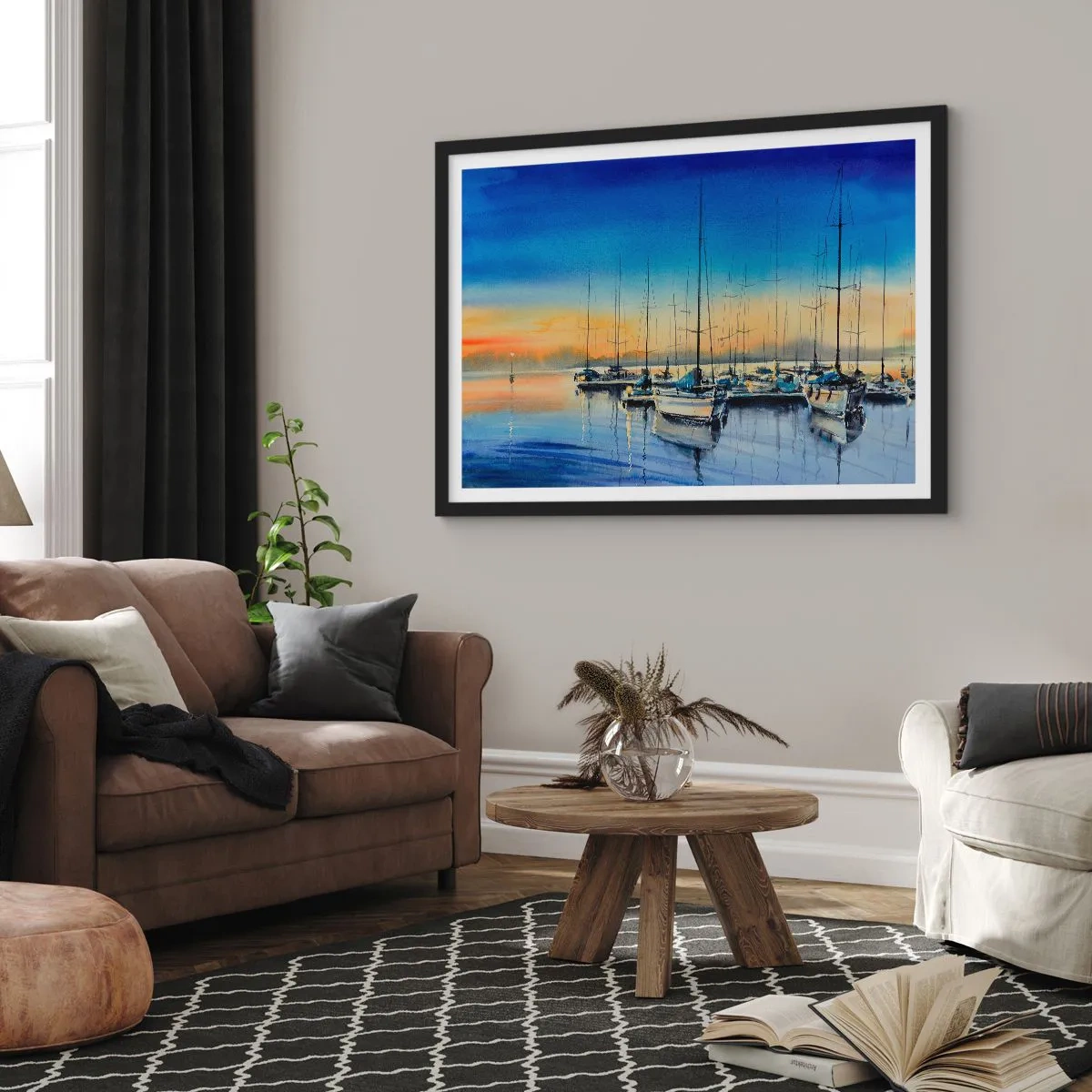 Plakat w czarnej ramie - Port jachtowy o zachodzie słońca z odbiciami na wodzie - 100x70cm - Koniec dobrego dnia - Nowoczesna dekoracja ścienna do salonu i sypialni ARTTOR