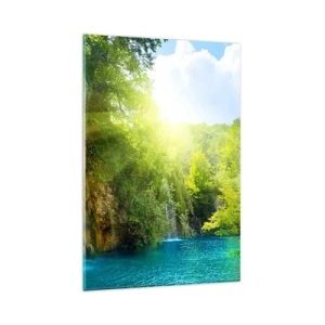 Obraz na szkle - Wodospad spływający do turkusowego jeziora otoczonego zielenią - 80x120cm - To musi być Eden - Nowoczesna dekoracja ścienna do salonu i sypialni ARTTOR