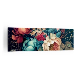 Obraz na płótnie - Barwna kompozycja kwiatów na ciemnym tle - 160x50cm - XIX-wieczny czar - Nowoczesna dekoracja ścienna do salonu i sypialni ARTTOR