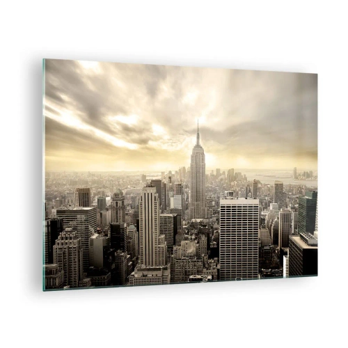 Obraz na szkle - Panorama miasta z wieżowcami i Empire State Building - 70x50cm - Nowy Jork utkany z szarości - Nowoczesna dekoracja ścienna do salonu i sypialni ARTTOR