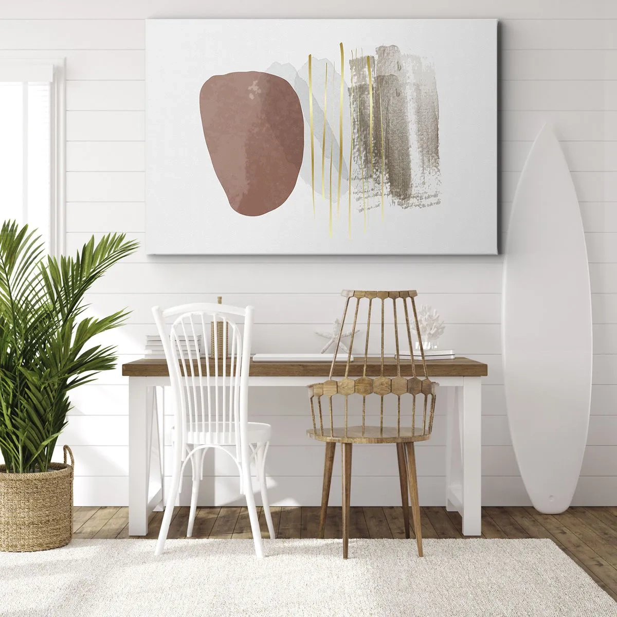 Obraz na płótnie - Abstrakcyjna kompozycja w beżowych i złotych odcieniach - 70x50cm - Abstrakcyjna kolumnada - Nowoczesna dekoracja ścienna do salonu i sypialni ARTTOR