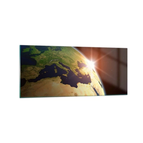 Obraz na szkle - Widok Ziemi z kosmosu z promieniami słońca na horyzoncie - 120x50cm - Wschód słońca - Nowoczesna dekoracja ścienna do salonu i sypialni ARTTOR