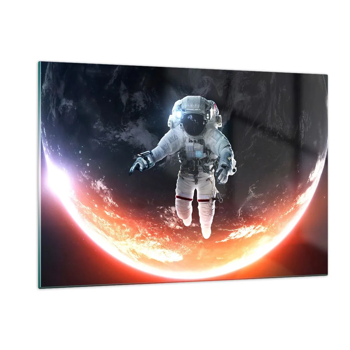 Obraz na szkle - Astronauta w przestrzeni kosmicznej na tle planety - 120x80cm - Mogę zostać jeszcze chwilę? - Nowoczesna dekoracja ścienna do salonu, kuchni i sypialni ARTTOR