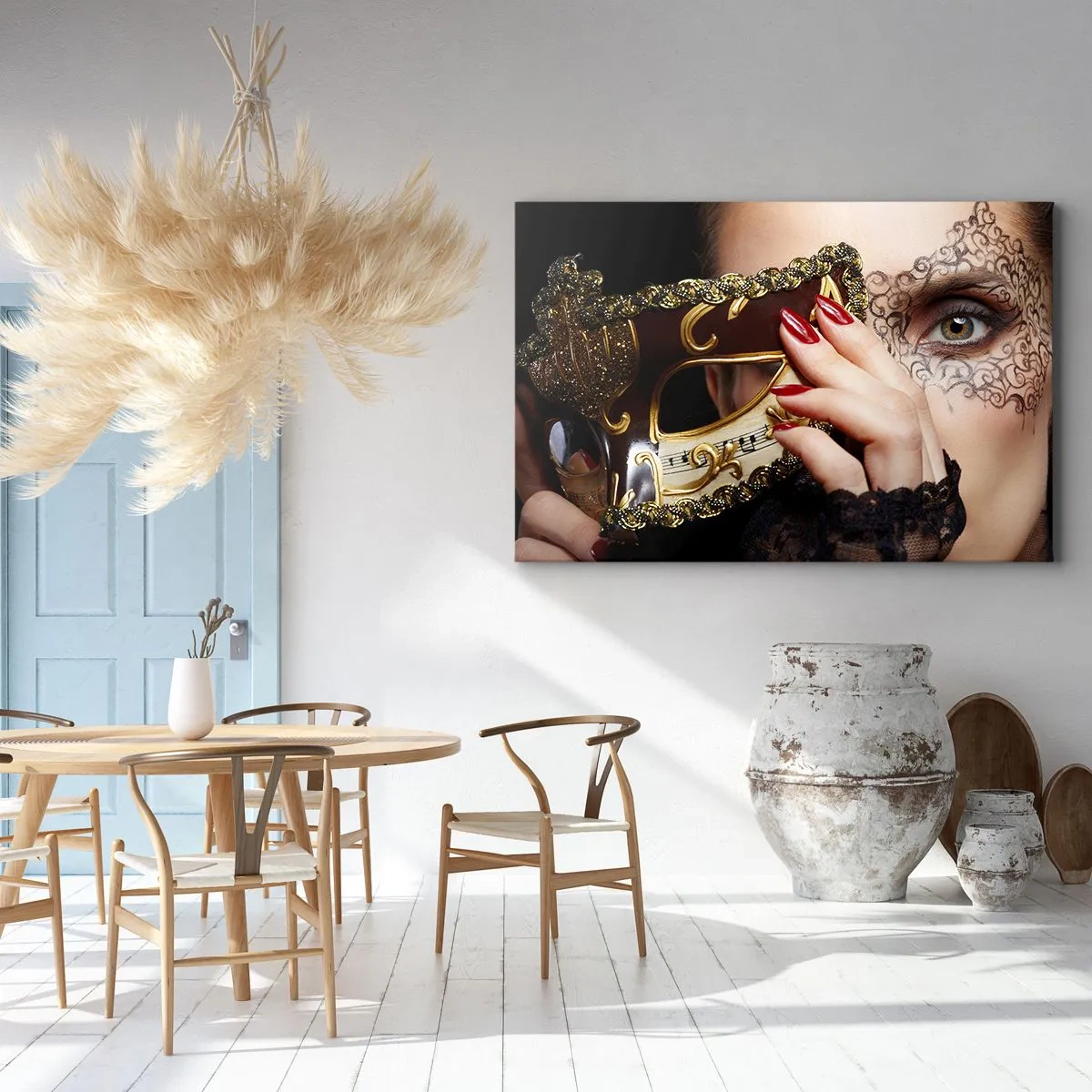 Obraz na płótnie - Kobieta w masce weneckiej ozdobionej złotem i koronką - 120x80cm - Mój świat jest barokowy - Nowoczesna dekoracja ścienna do salonu, kuchni i sypialni ARTTOR