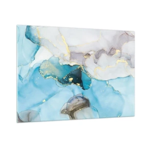 Obraz na szkle - Turkusowe i szare fale z akcentami złota - 100x70cm - Studium spotkania szarości z turkusem - Nowoczesna dekoracja ścienna do salonu, kuchni i sypialni ARTTOR