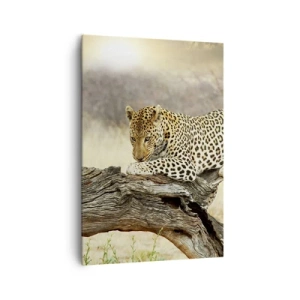 Obraz na płótnie - Leopard odpoczywający na pniu wśród sawanny - 70x100cm - Chadzam własnymi drogami - Nowoczesna dekoracja ścienna do salonu i sypialni ARTTOR