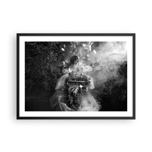 Plakat w czarnej ramie - Czarno-biała kompozycja z postacią w sukni i klatką wśród mgły - 70x50cm - Sama Matka – Natura - Nowoczesna dekoracja ścienna do salonu i sypialni ARTTOR