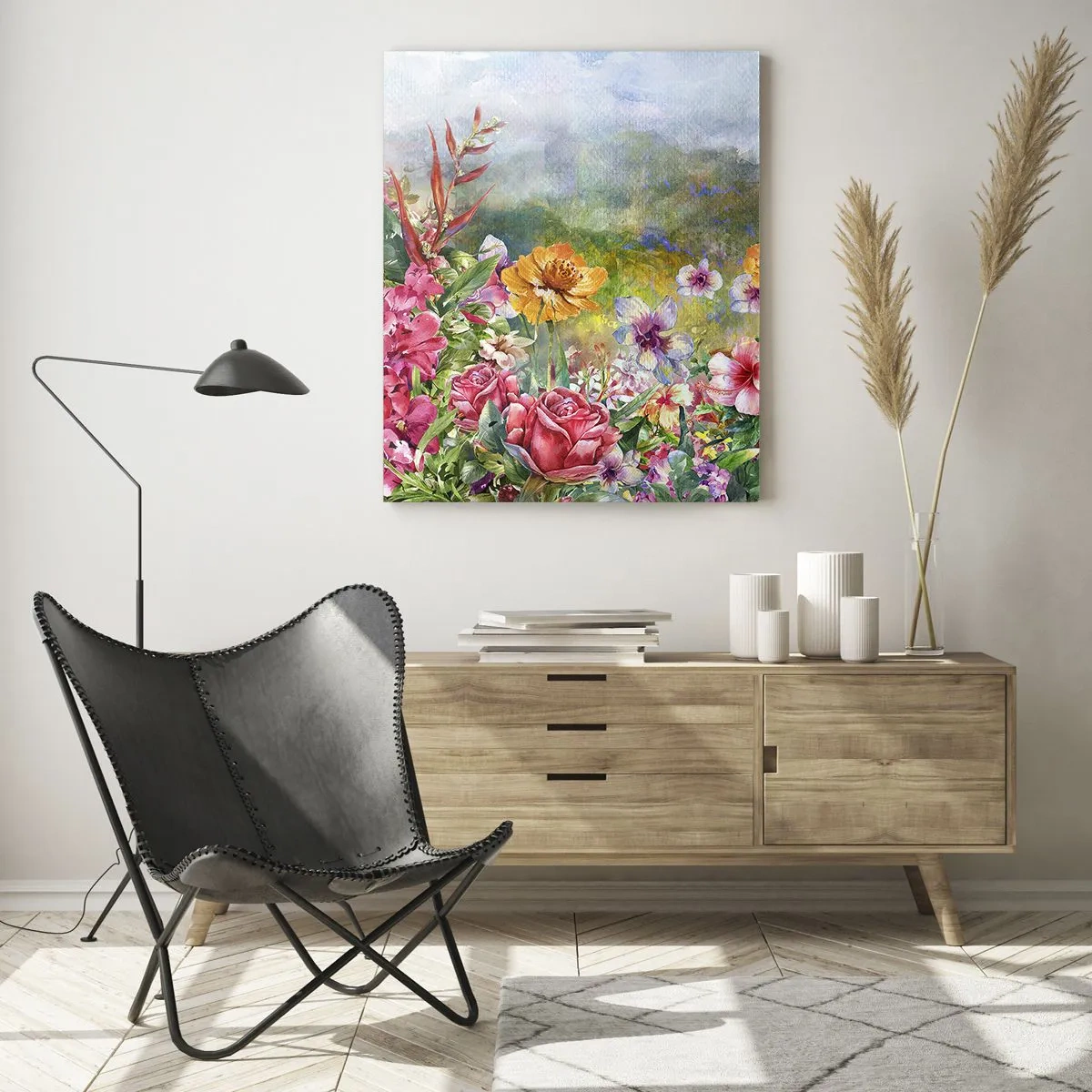 Obraz na szkle - Barwna kompozycja kwiatów na tle pejzażu w pastelowych kolorach - 70x100cm - Ogród, który oszalał - Nowoczesna dekoracja ścienna do salonu i sypialni ARTTOR