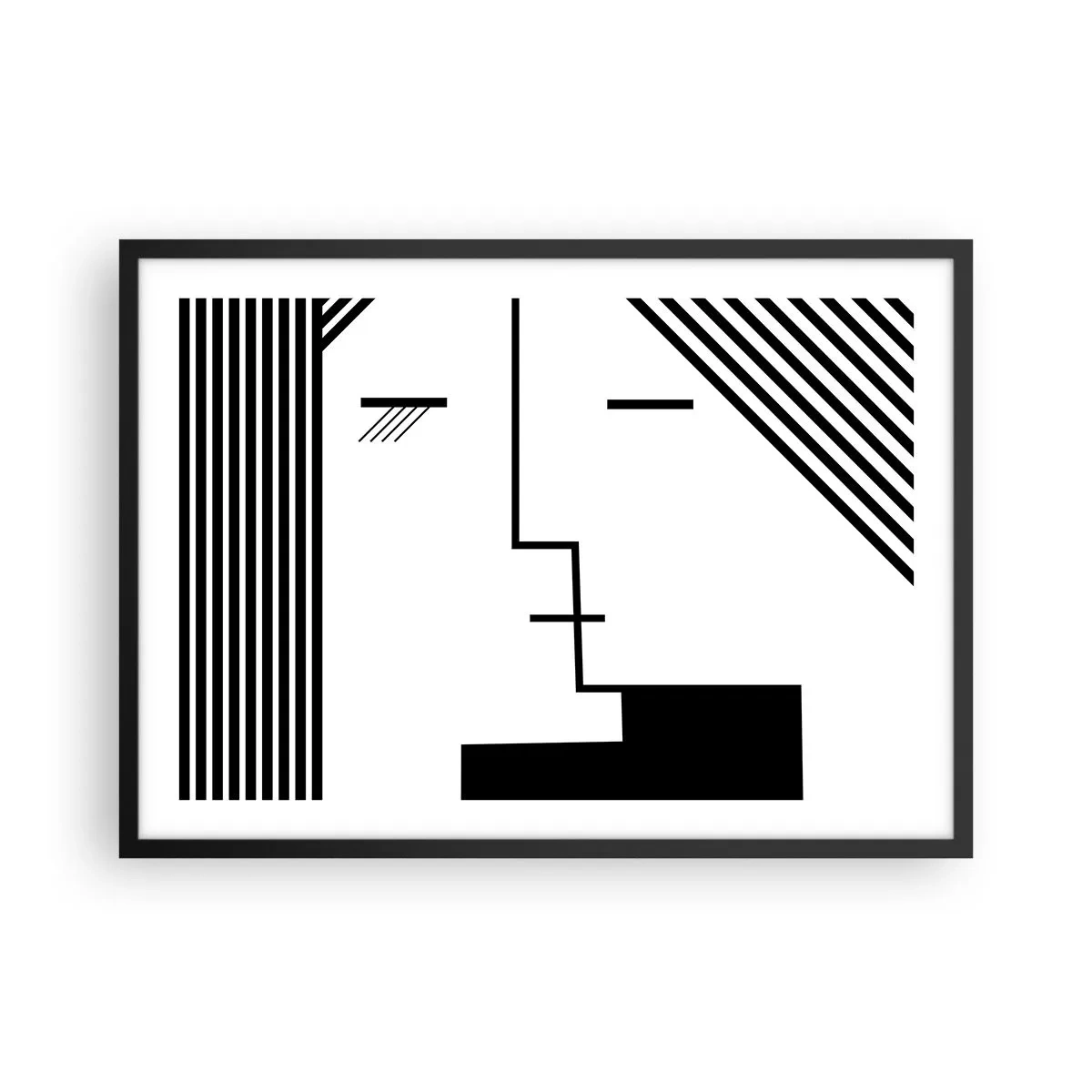 Plakat w czarnej ramie - Geometryczna abstrakcja przedstawiająca pocałunek w czerni i bieli - 70x50cm - Po prostu pocałunek - Nowoczesna dekoracja ścienna do salonu i sypialni ARTTOR