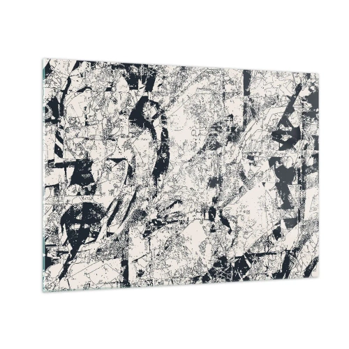 Obraz na szkle - Czarno-biała abstrakcja z dynamicznymi liniami i teksturami - 70x50cm - Przenikanie przeciwieństw - Nowoczesna dekoracja ścienna do salonu i sypialni ARTTOR
