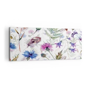 Obraz na płótnie - Akwarelowe kwiaty i zioła na białym tle w stylu zielnika - 120x50cm - Polski zielnik - Nowoczesna dekoracja ścienna do salonu i sypialni ARTTOR