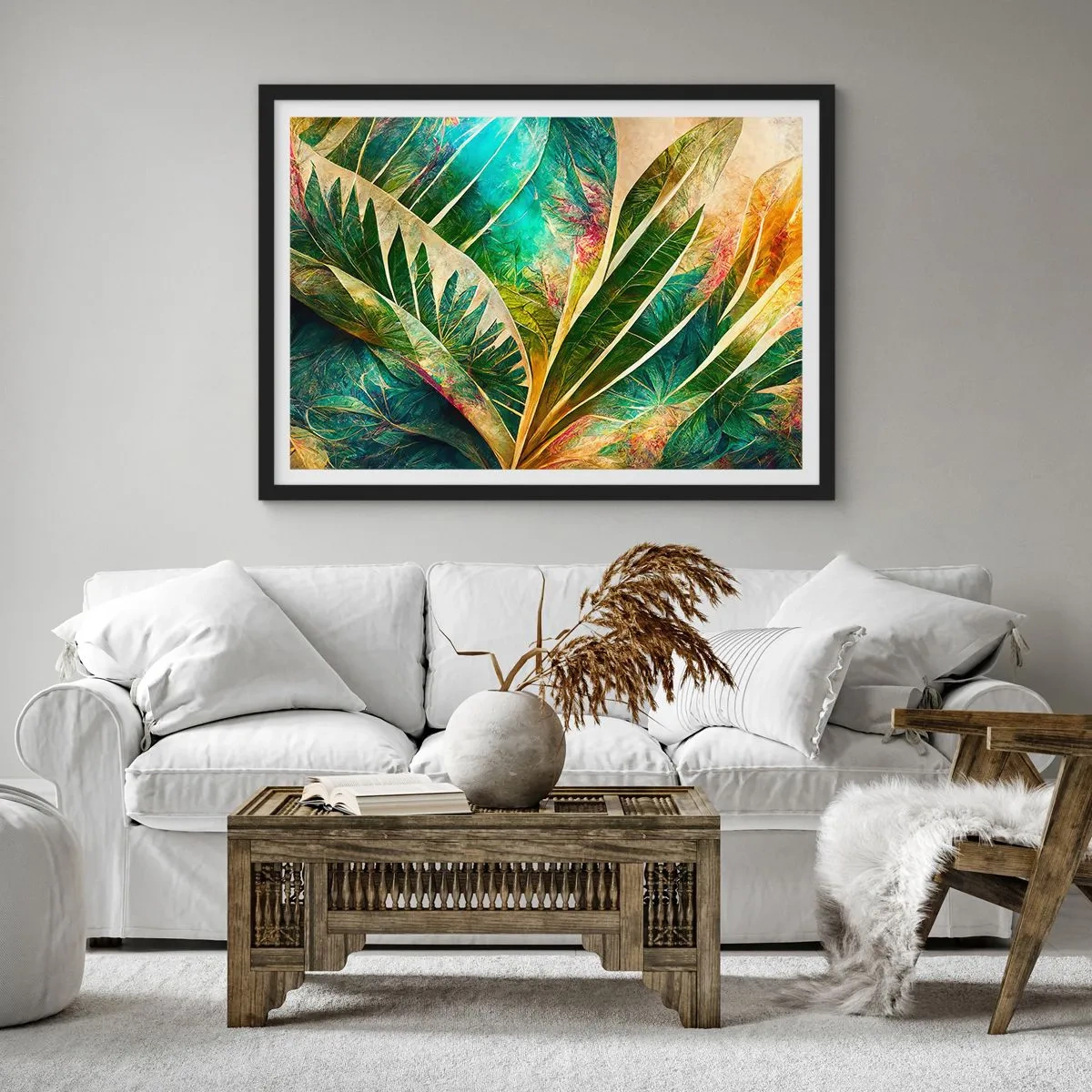 Plakat w czarnej ramie - Kolorowe liście tropikalne na jasnym tle - 70x50cm - Barwy tropików - Nowoczesna dekoracja ścienna do salonu i sypialni ARTTOR