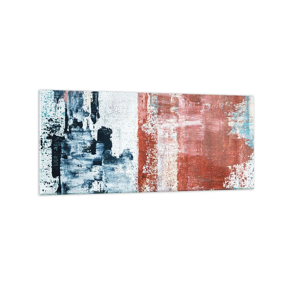 Obraz na szkle - Abstrakcja w biało-niebieskich i ceglanych barwach - 120x50cm - Abstrakcyjne pół na pół - Nowoczesna dekoracja ścienna do salonu i sypialni ARTTOR