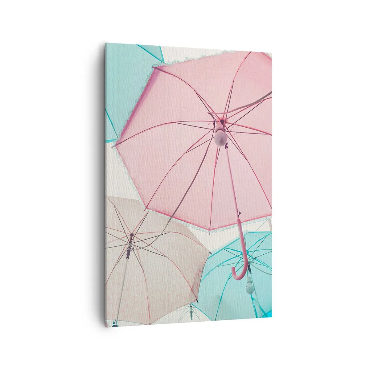 Obraz na płótnie - Pastelowe parasolki na tle jasnego nieba - 80x120cm - Czasem słońce, czasem deszcz - Nowoczesna dekoracja ścienna do salonu i sypialni ARTTOR