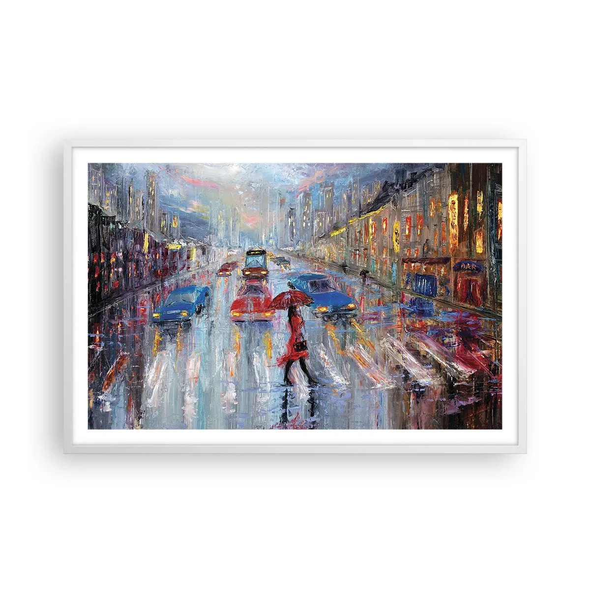 Plakat w białej ramie - Deszczowe popołudnie w mieście - 91x61 cm