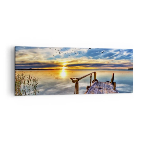 Obraz na płótnie - Drewniany pomost nad jeziorem o zachodzie słońca - 140x50cm - Wiatr idzie na spoczynek - Nowoczesna dekoracja ścienna do salonu i sypialni ARTTOR