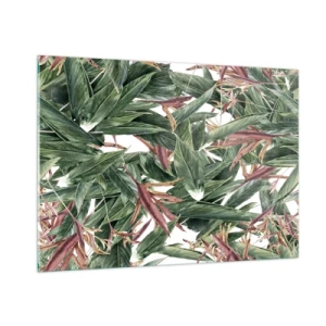 Obraz na szkle - Liście w zielonych i bordowych odcieniach na jasnym tle - 100x70cm - Szmaragdowo-liliowy gąszcz - Nowoczesna dekoracja ścienna do salonu, kuchni i sypialni ARTTOR
