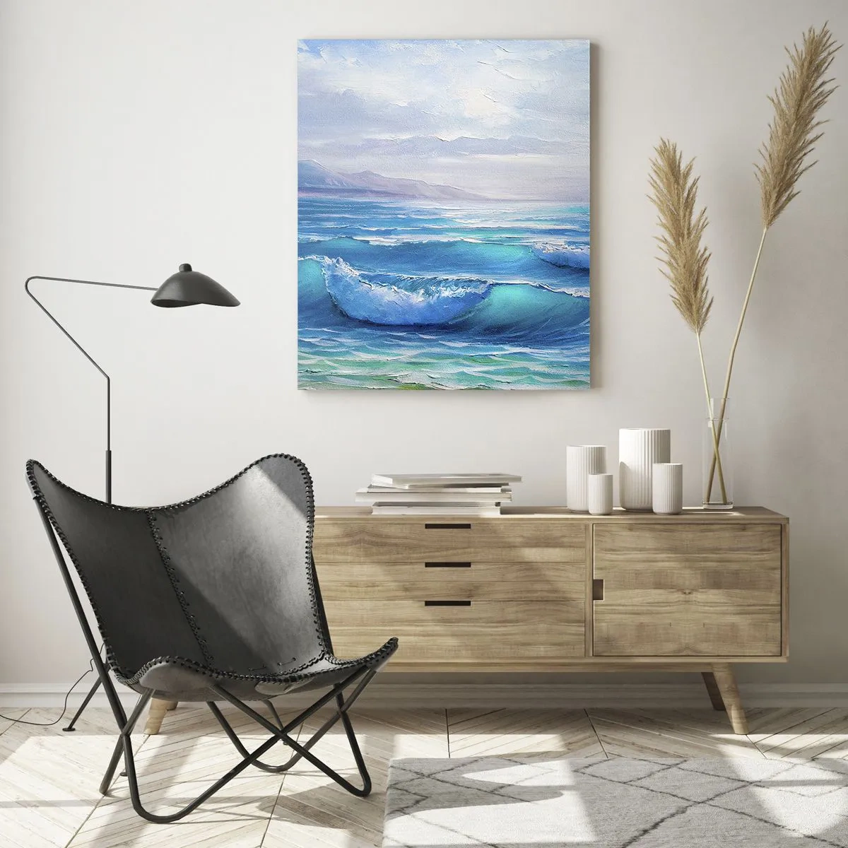 Obraz na szkle - Malowniczy krajobraz morza z falami i błękitnym niebem - 80x120cm - Niesie ukojenie - Nowoczesna dekoracja ścienna do salonu i sypialni ARTTOR