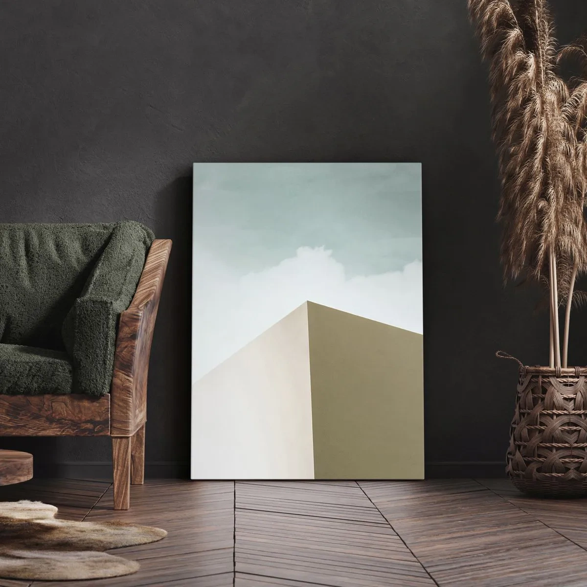 Obraz na płótnie - Minimalistyczna architektura z pastelowymi blokami i niebem - 70x100cm - Geometria słonecznego lata - Nowoczesna dekoracja ścienna do salonu i sypialni ARTTOR