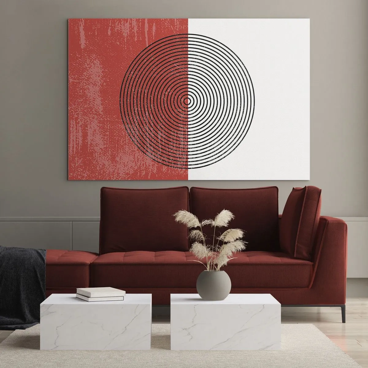 Obraz na szkle - Geometryczny wzór z kołem na tle czerwieni i bieli - 70x50cm - W samo sedno - Nowoczesna dekoracja ścienna do salonu i sypialni ARTTOR