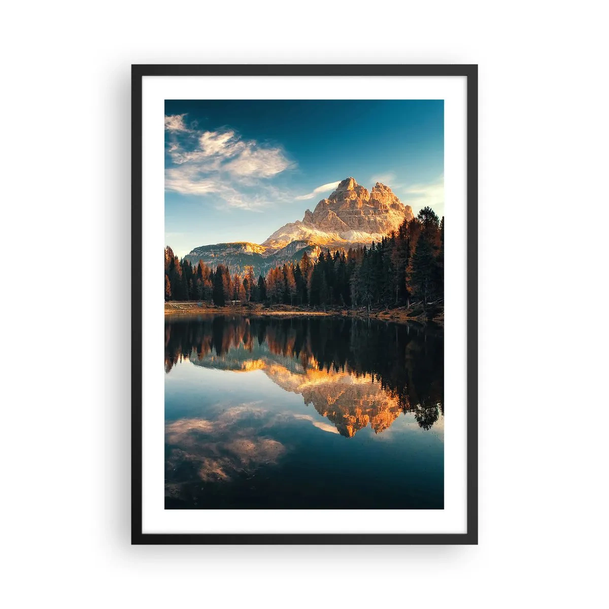 Plakat w czarnej ramie - Górski szczyt odbijający się w spokojnym jeziorze - 50x70cm - Pejzaż podwójny - Nowoczesna dekoracja ścienna do salonu i sypialni ARTTOR